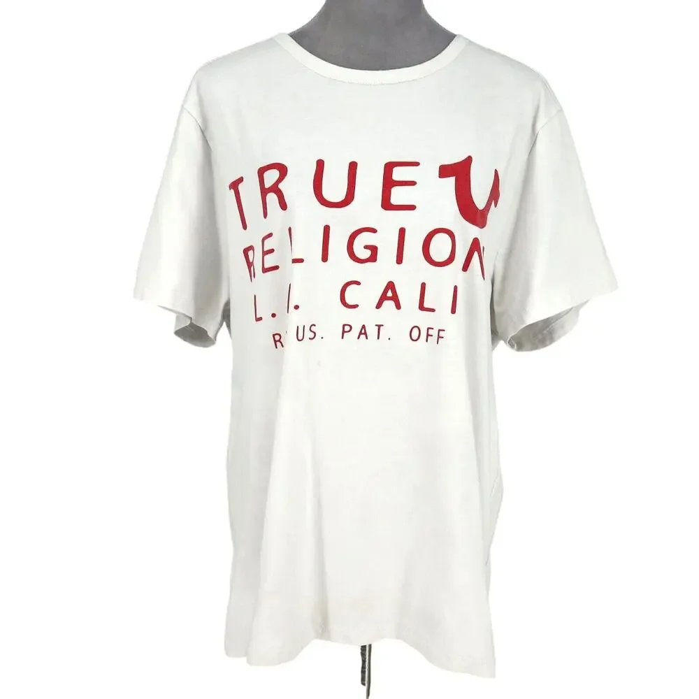 True Religion T-shirt Mens 3XL Big Tall White Red Spell Out Faded Small Stains